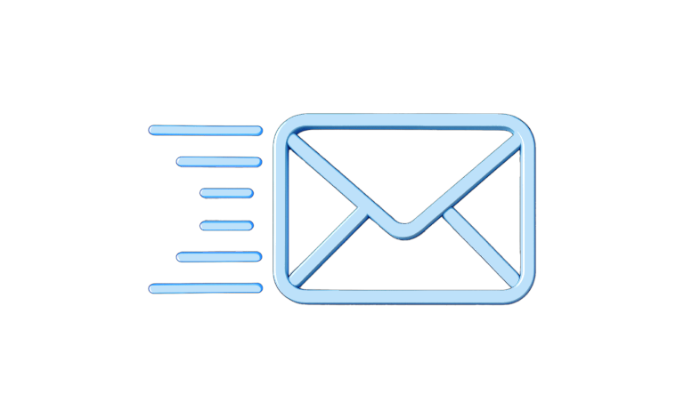 Blue outline of an envelope with motion lines, symbolizing sending an email.