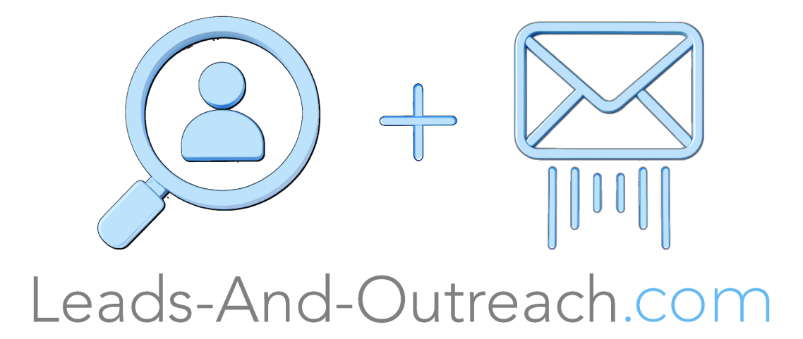 Logo featuring a magnifying glass, person icon, and email symbol with the text "Leads-And-Outreach.com."